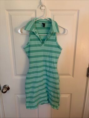 wild fable Mint Green & White Striped Sleeveless Polo Mini Dress
